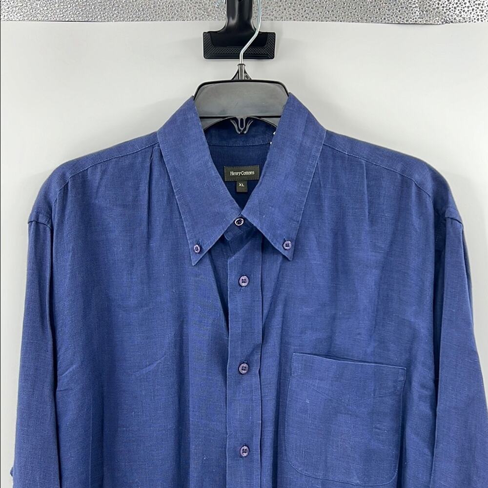 Henry Cottons Men's 100% Linen Long Sleeve Button Down Shirt - Blue - XL
